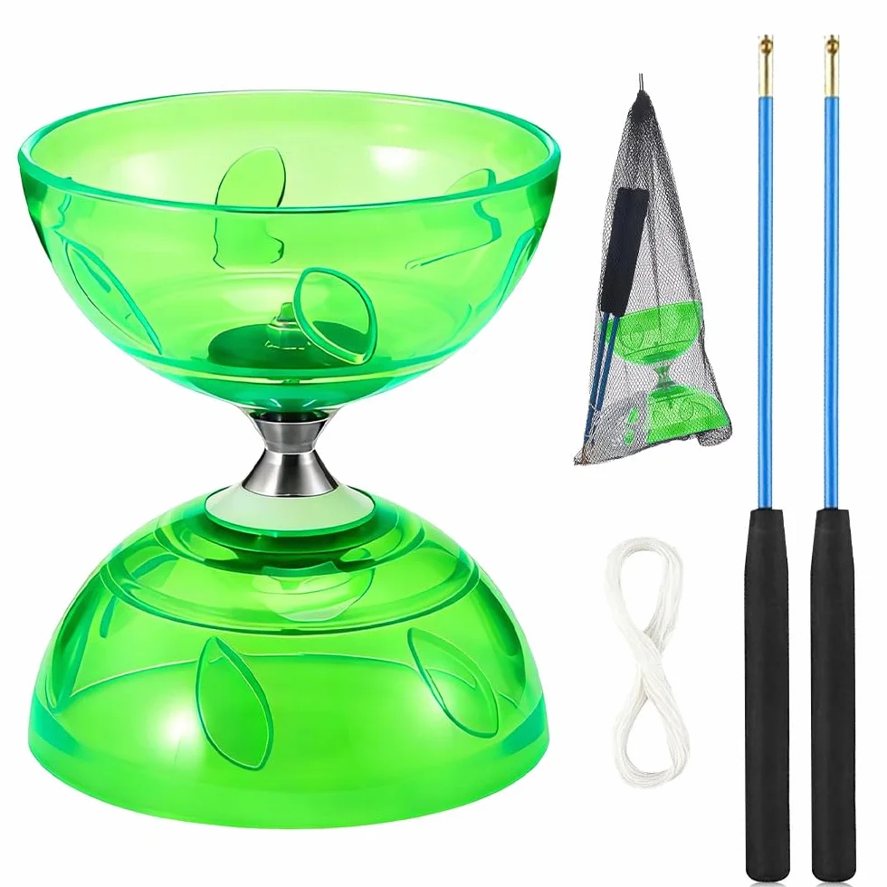 Kit de Jonglerie Diabolo avec Roulement à Billes et Lumière LED, Caoutchouc Souple Transparent, Vert