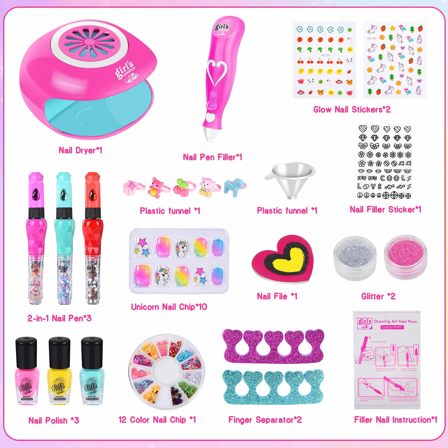 Kit Manucure Fille avec Sèche Ongles, Vernis à Ongle, Jouet Autocollants Cadeau Noël 4-8 Ans