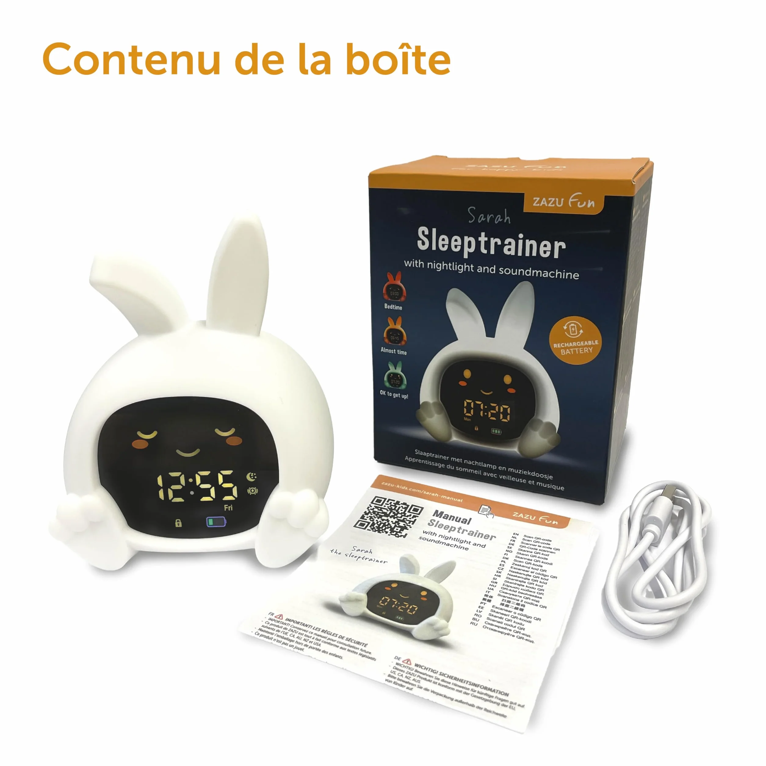 ZAZU Sarah Réveil Éducatif Enfant Rechargeable Veilleuse LED 5 Couleurs Machine à Sons Horloge Jour/Nuit USB