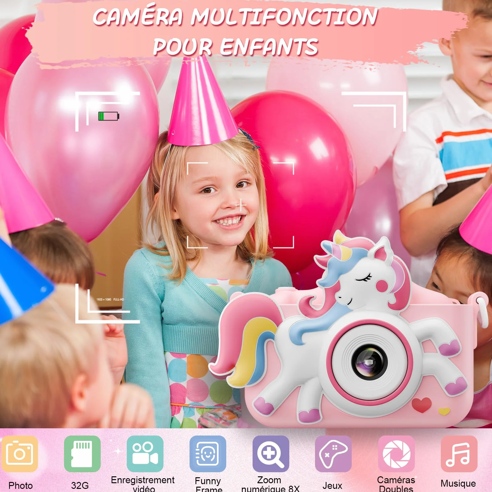 Diswoe Appareil Photo Enfant Selfie HD 32GB Carte Etui en Cuir Anti-Chute Jouet Cadeau Filles Garçons 3-12 Ans