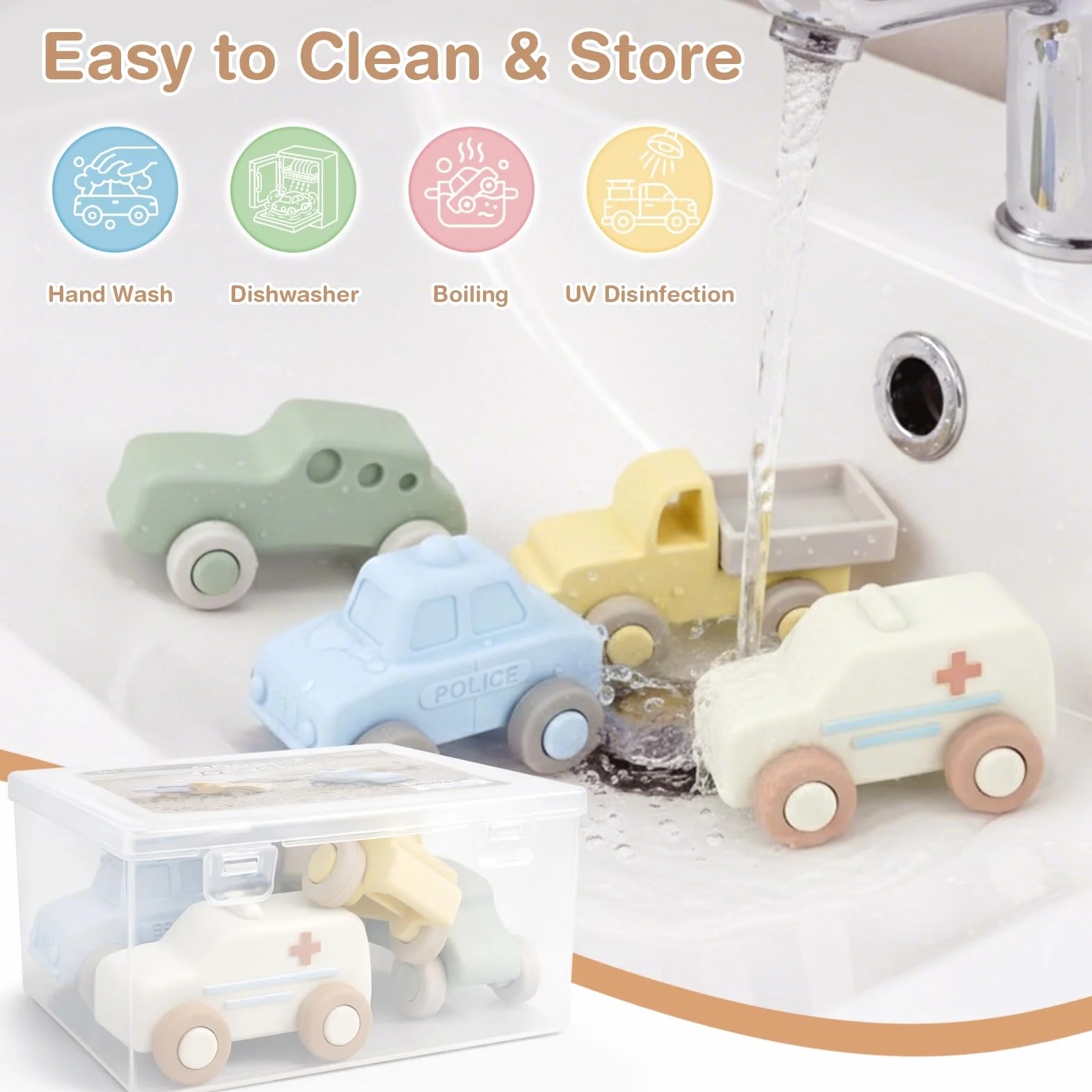 Vanplay Voiture Enfant Jouet Bébé 6 Mois Dentition Jeux Petite Voiture Cadeau Garçon Fille Noël Anniversaire Boîte Rangement 4 Pièces