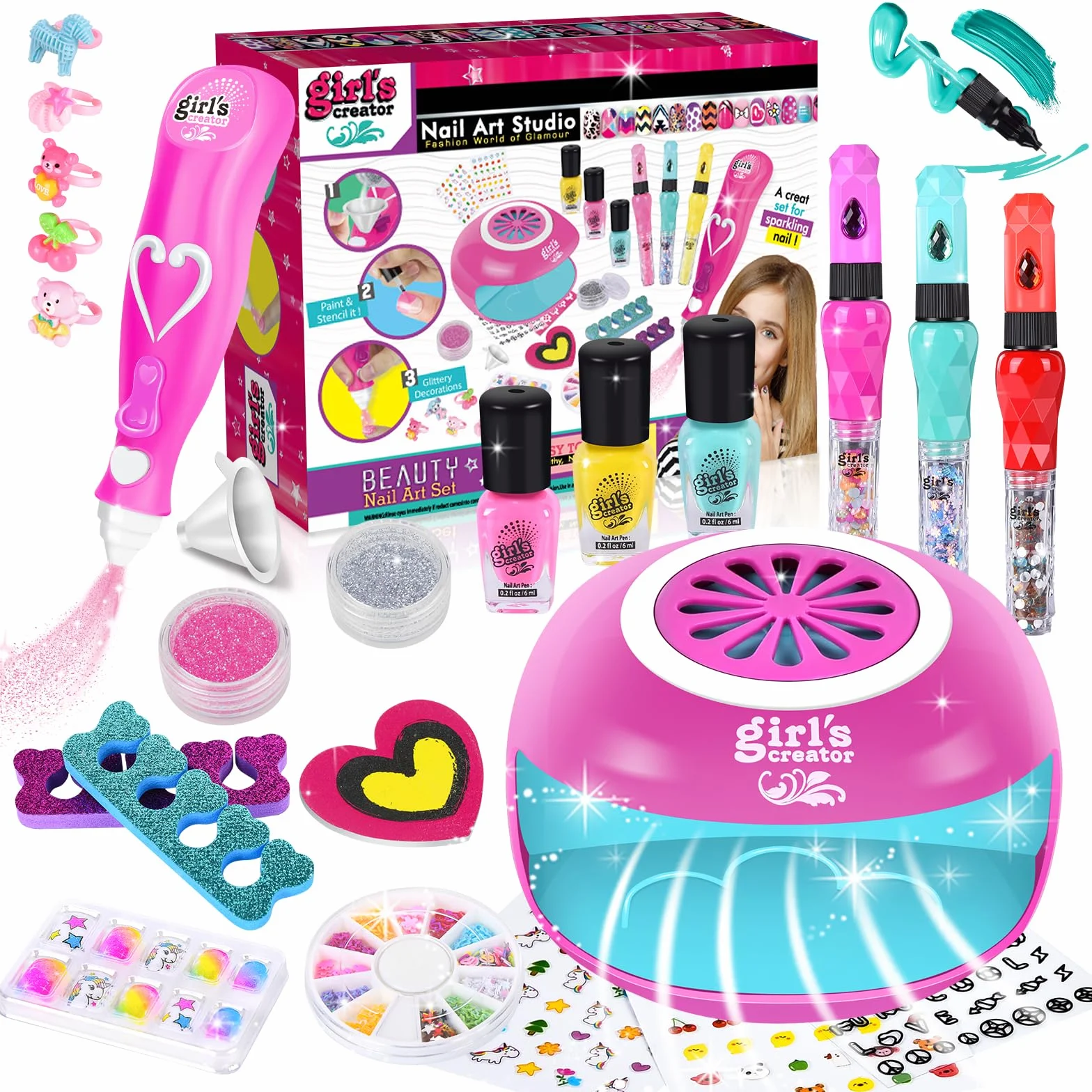 Kit Manucure Fille avec Sèche Ongles, Vernis à Ongle, Jouet Autocollants Cadeau Noël 4-8 Ans