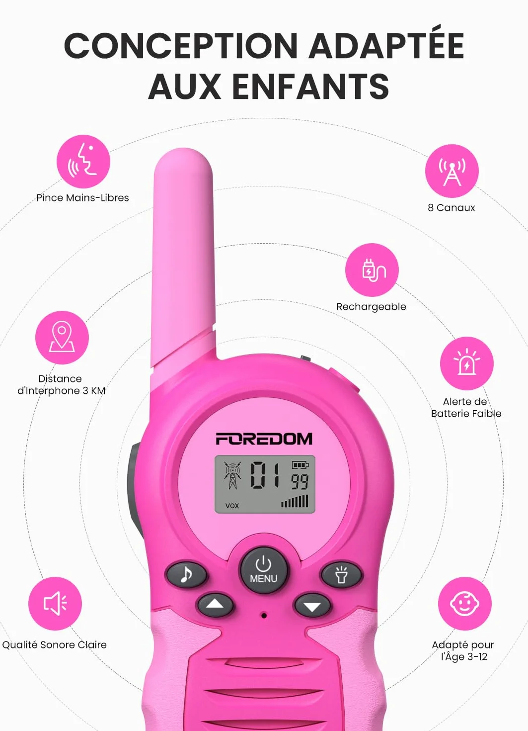 Foredom Talkie Walkie Enfants Rechargeable Longue Portée 3-12 Ans Lot de 2