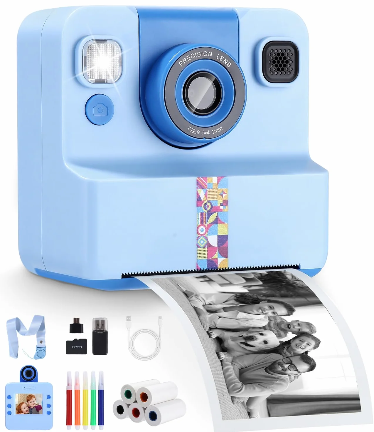 Appareil Photo Instantané Enfant 2.4" Écran 1080P Selfie Carte 32 Go Bleu