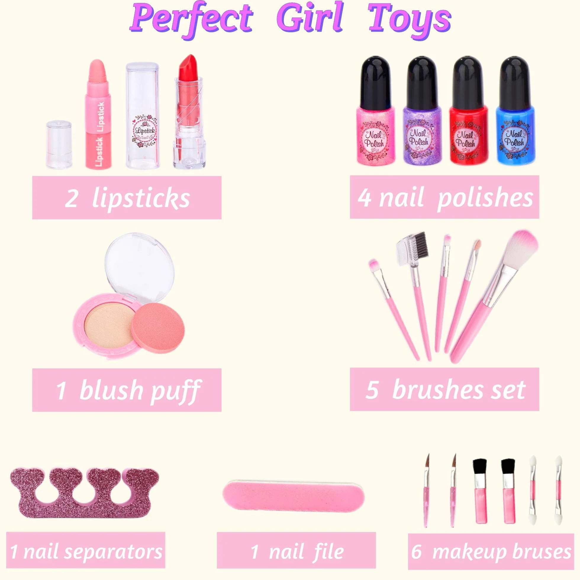 Chennyfun Maquillage Enfant Jouet Filles, 53 Pcs Lavable Malette Maquillage, Valise Beauté pour Enfant, Cadeau Anniversaire Fille 3-7 Ans