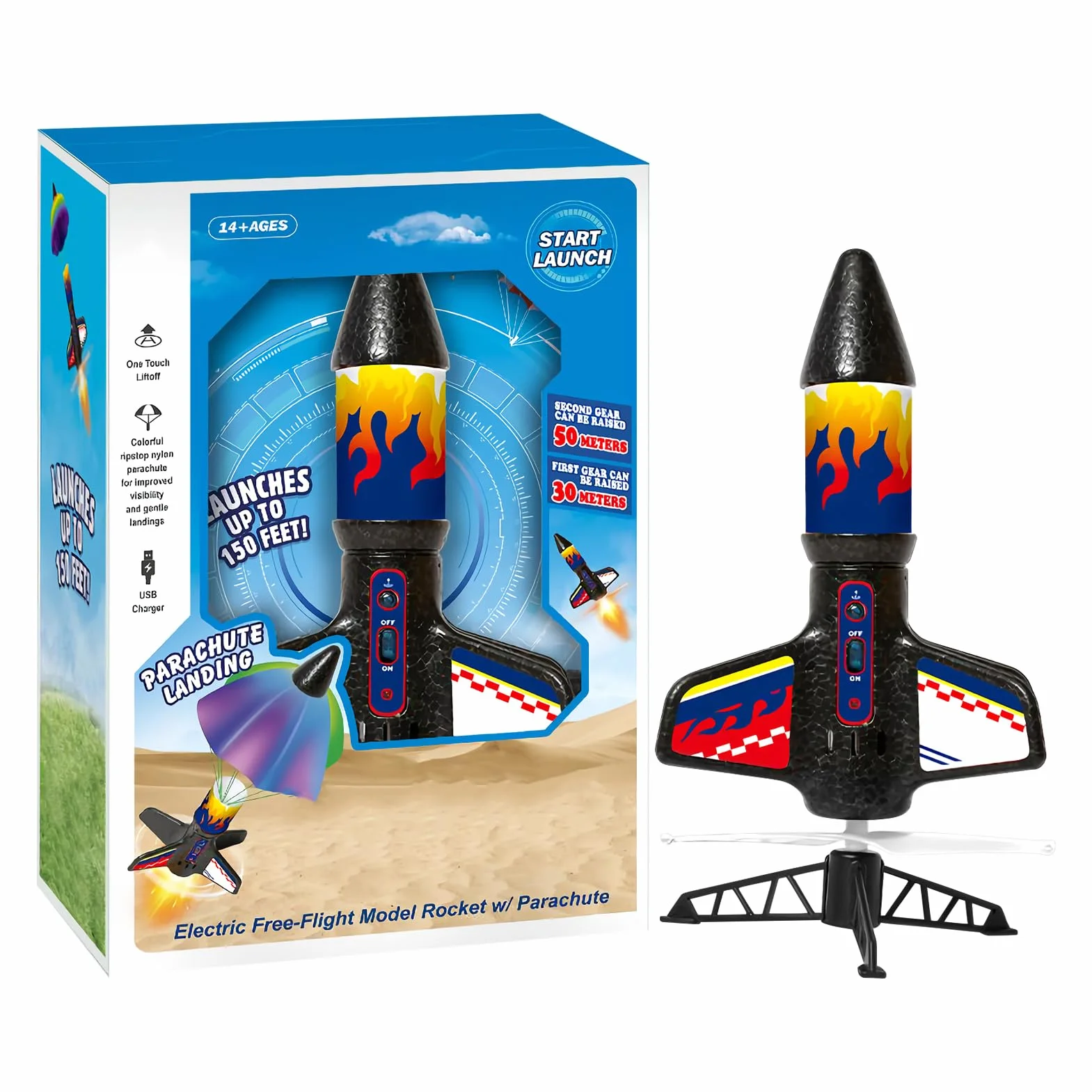 Kids Rocket Toy Launching Rocket with Parachute ABS Material LED Light Educational Science Outdoor Fun 18.3x9x24cm