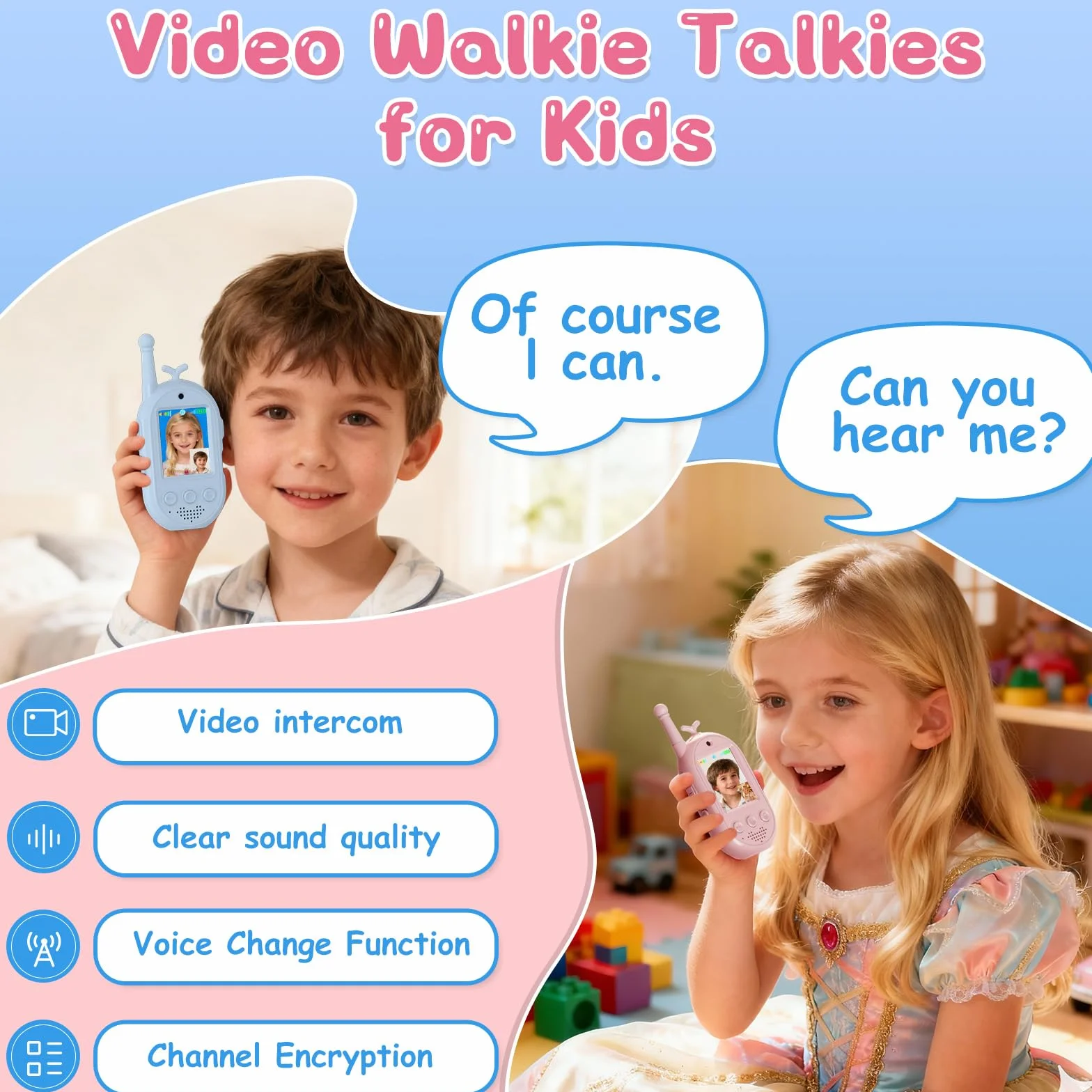Talkie Walkie Enfants avec Vidéo, 2 Talkies Walkies Rechargeables, Communication Radio Bidirectionnelle, Cadeau 3-12 Ans (Rose + Bleu)