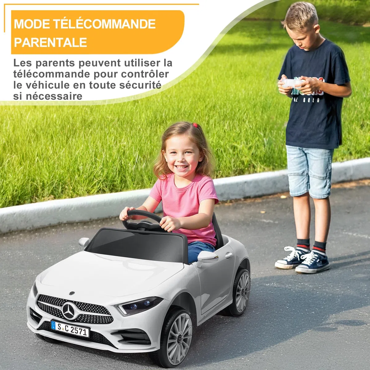 LALAHO Voitures électriques pour Enfants Mercedes Benz avec Télécommande 2.4G, Véhicule électrique Enfant 2 Portes avec MP3 (CLS Blanc)