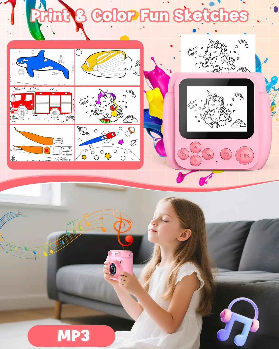 Gofunly Appareil Photo Instantané Enfant 2,4 Pouces Caméra Vidéo Numérique 1080P 32GB Carte 3 Rouleaux Papier Cadeau Noël Anniversaire Garçons Filles 3-12 Ans Rose
