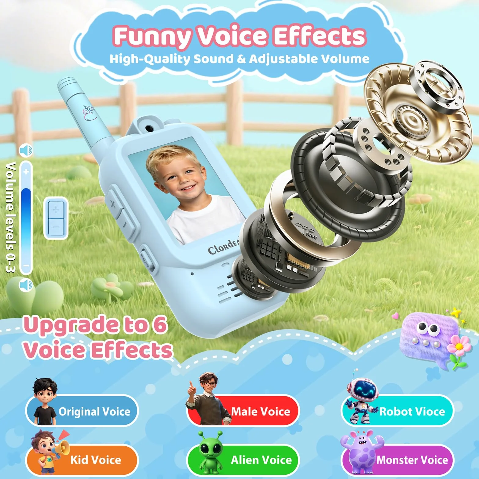 Talkie Walkie Enfant Longue Portée Rechargeable Écran LCD 2" Appel Vidéo 6 Effets Vocaux Appareil Photo Pack de 2 Bleu