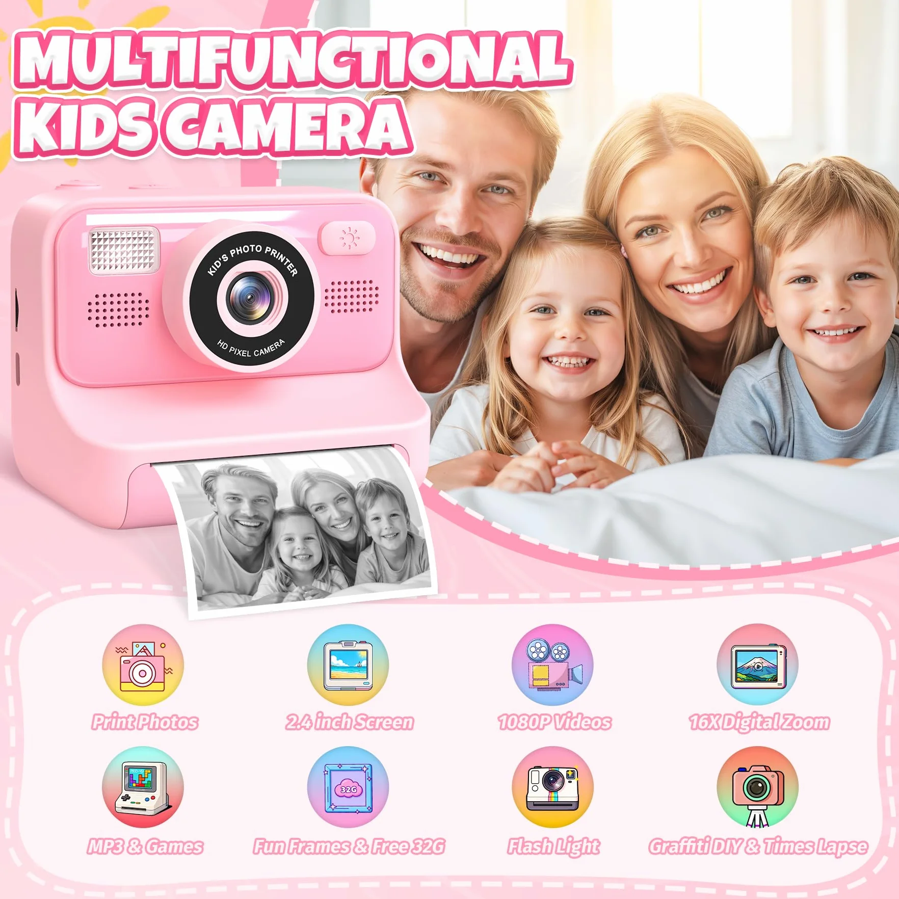 Appareil Photo Instantané Enfants 2.4" Écran Selfie avec Carte 32GB et 3 Rouleaux Papier, Jouet Cadeau Noël Fille Garçon 3-12 Ans Rose