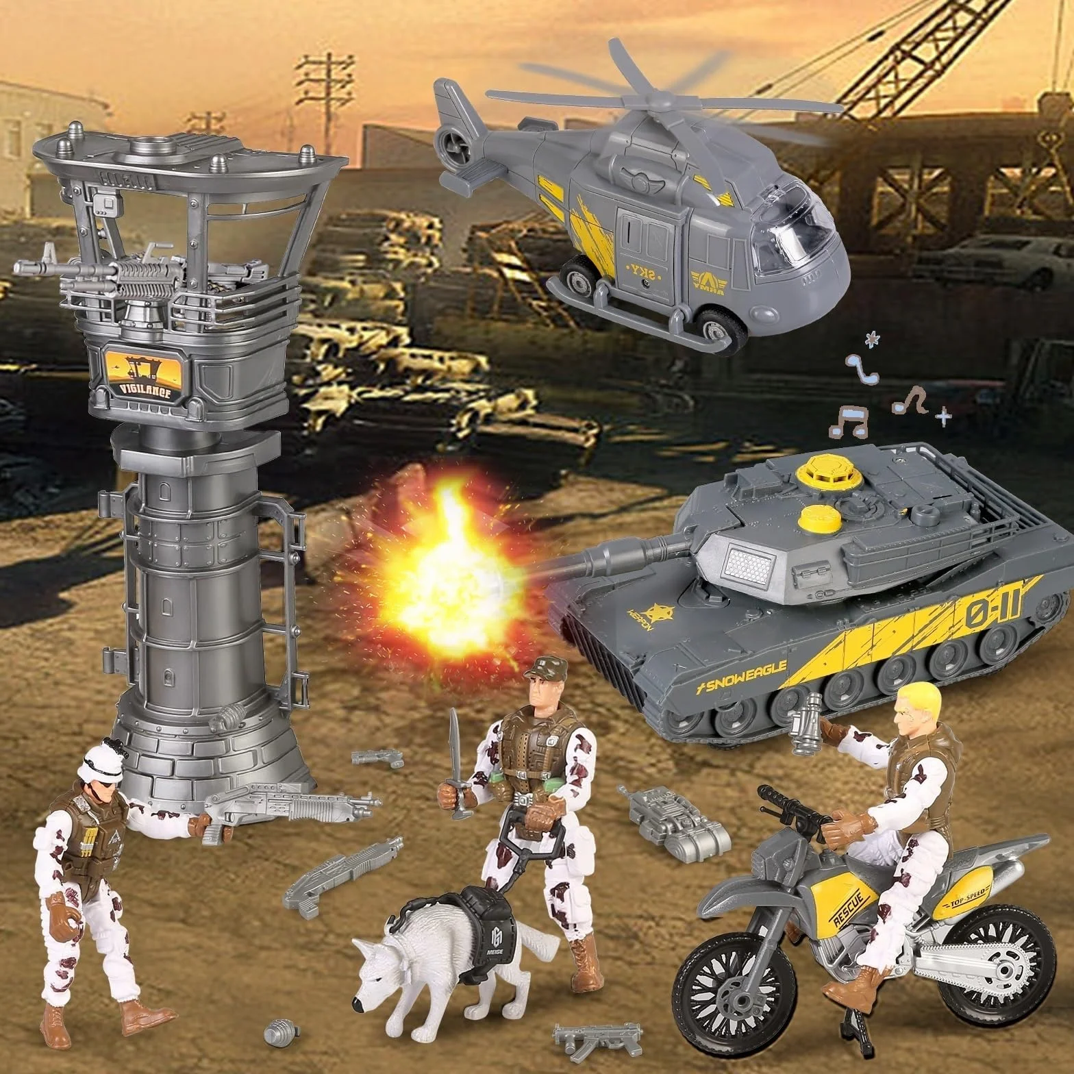 Base Militaire Jouets Véhicules Figurines Soldats Moto Combat 3+ Ans