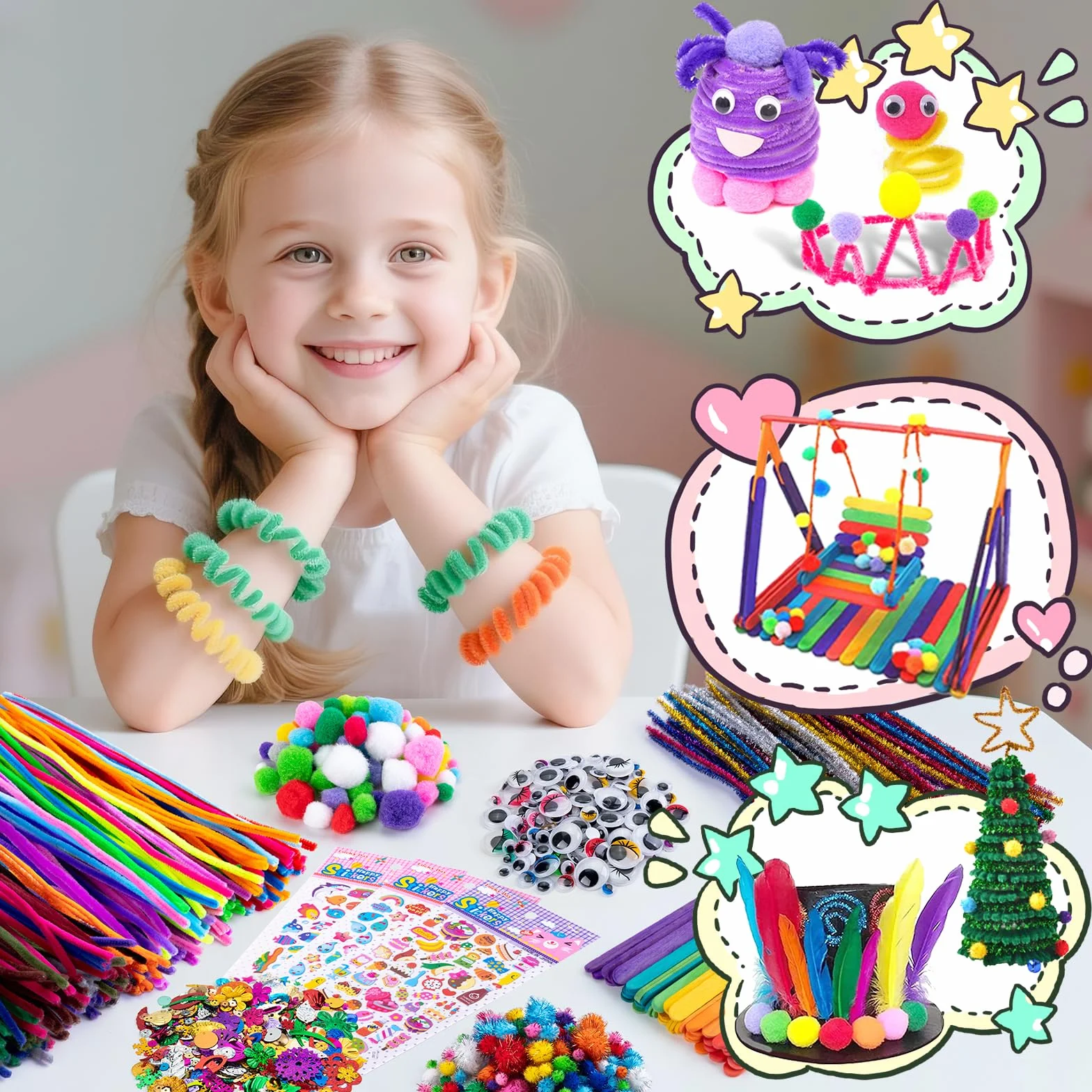 Sundaymot 5000 Kit Bricolage Enfants DIY Activité Manuelle avec Yeux Oscillants Pompons Paillettes Tissu Feutre Plumes 3+ ans
