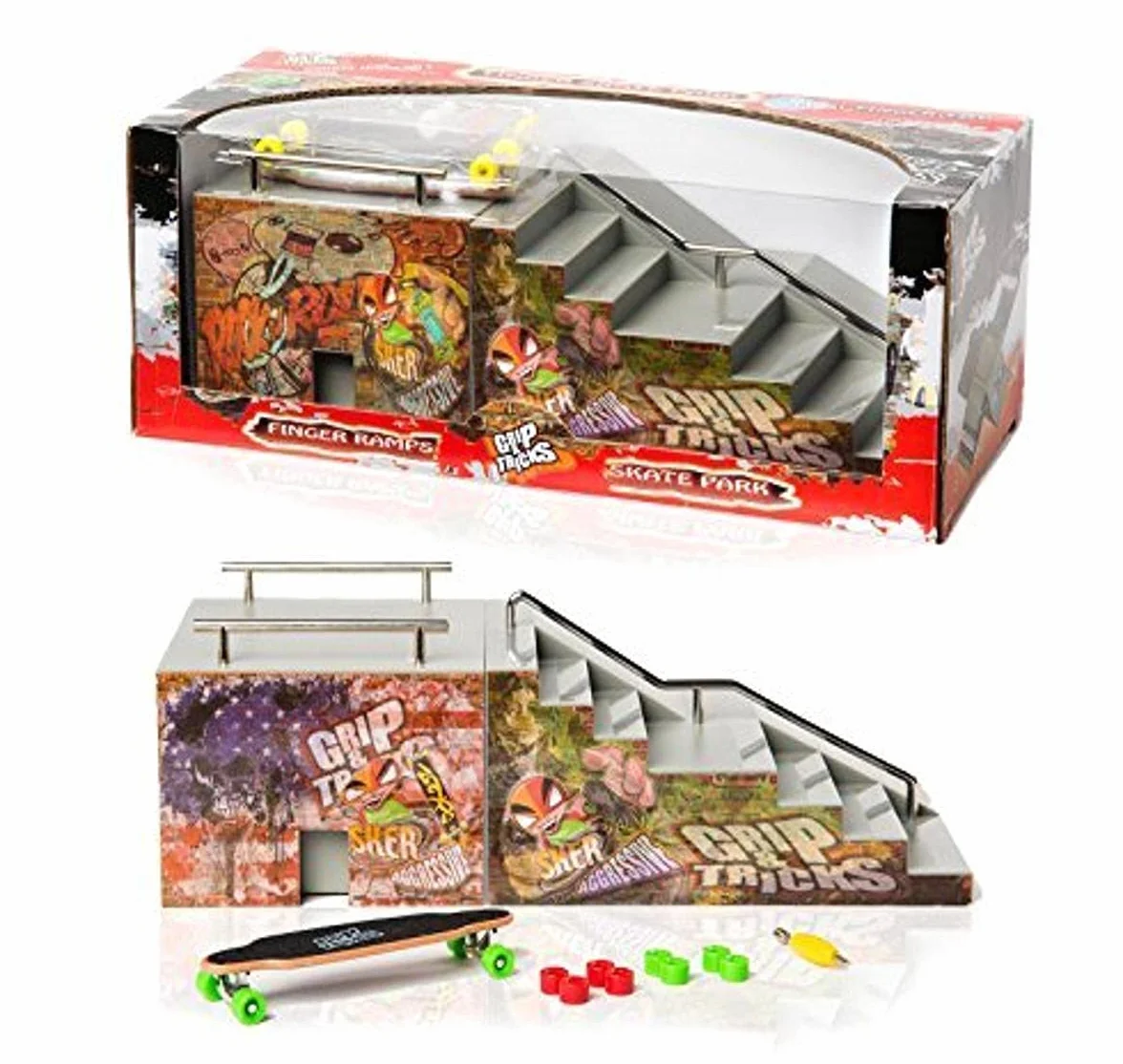 SPIRITRIDERS GRIP & TRICKS Rampe à Doigt Halfpipe avec 1 Finger Skate 8 Mini Roues Supplémentaires 1 Outil pour Skateboard - Jouet à Doigt 11 pièces Multicolore