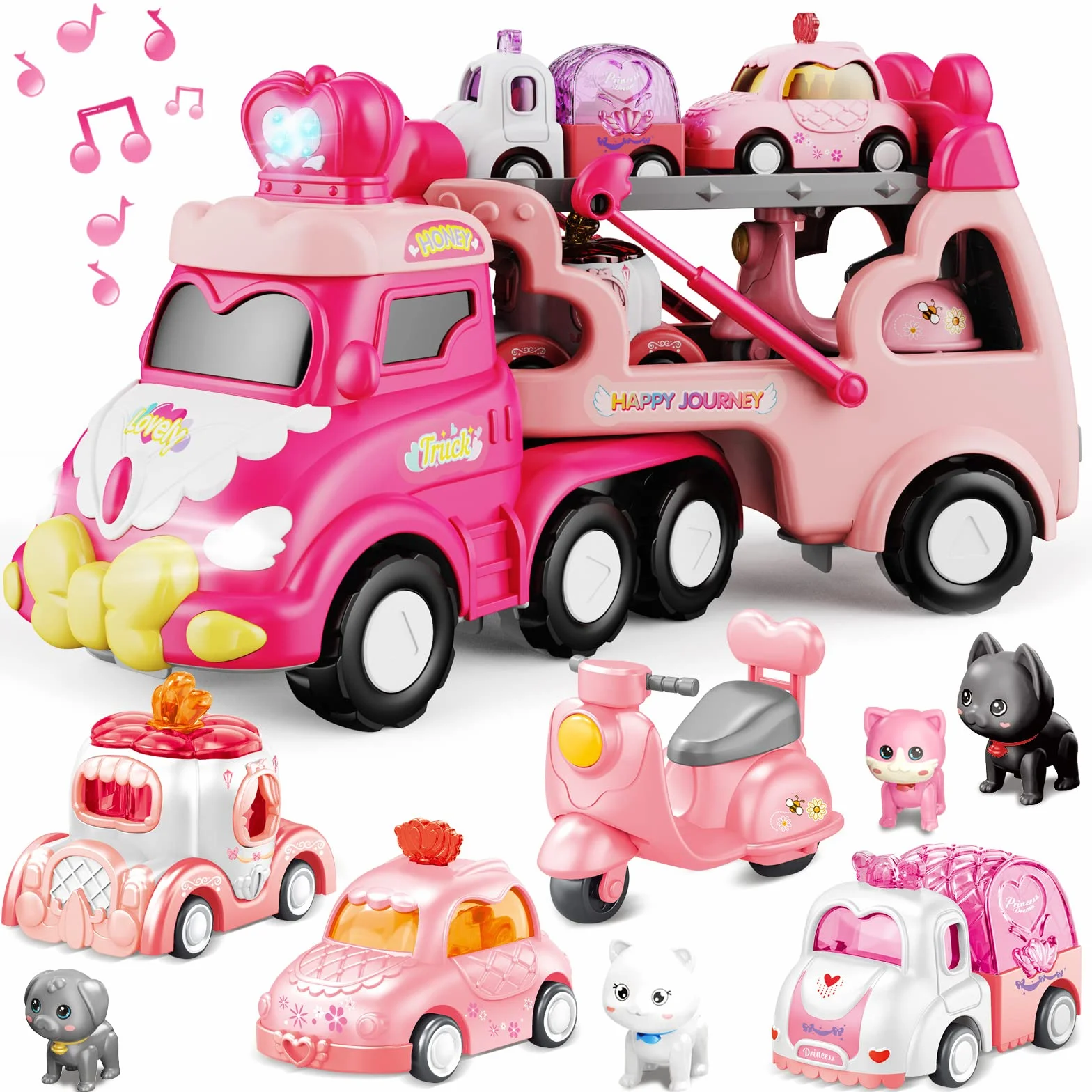 Camion Jouet 9 en 1 avec Sons et Lumières, Transporteur de Voitures Cadeau Anniversaire pour Garçons Filles 2-4 Ans