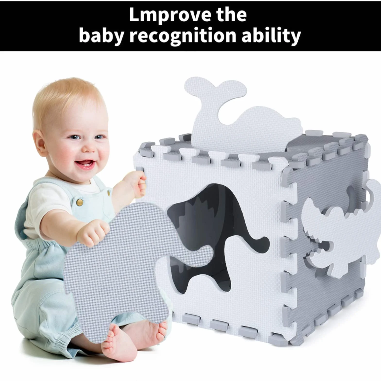 Tapis de Jeu en Mousse avec Bordure, Carreaux de Sol Emboîtables pour Enfants, 16 Pièces Blanc Gris Foncé
