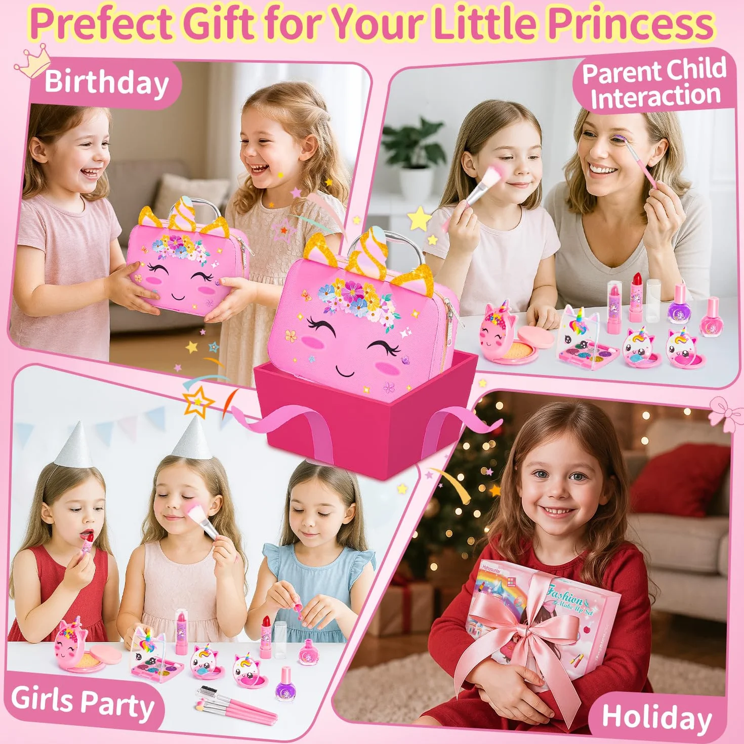 Malette Maquillage Enfant Fille Lavable avec Vernis à Ongles Rouge à Lèvres Jouet Cadeau 3-10 ans