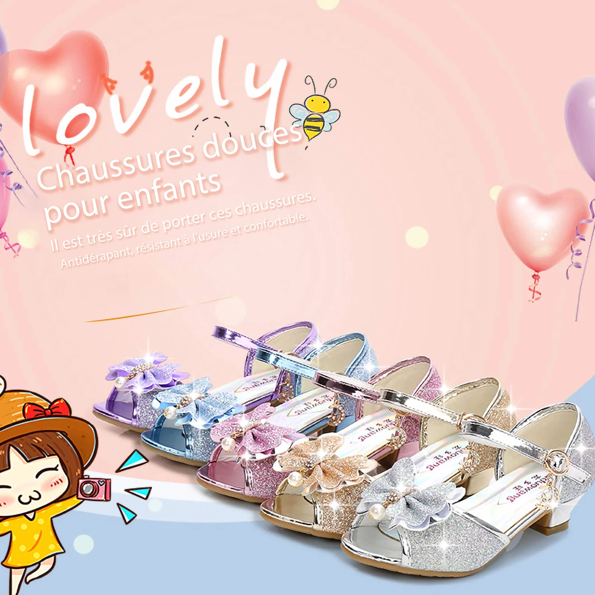 Sandales Princesse Paillettes Argenté Bleu Fille Halloween Noël Anniversaire Ballerine Talon Déguisement