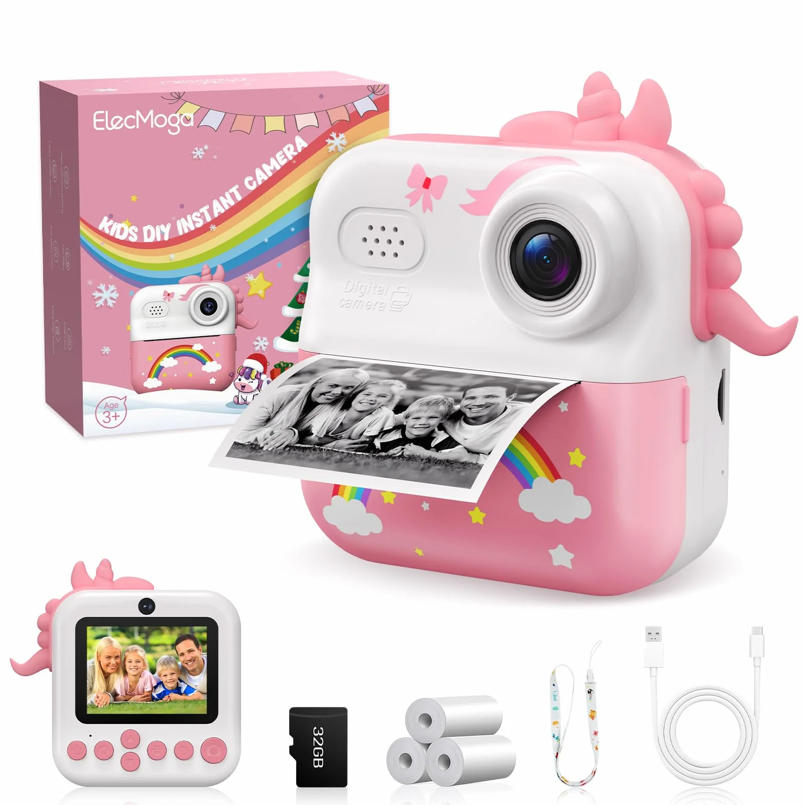 Appareil Photo Enfant 2,4" Instantané Rechargeable avec Papier d'impression 32GB Cadeau Filles Garçons 3-12 Ans