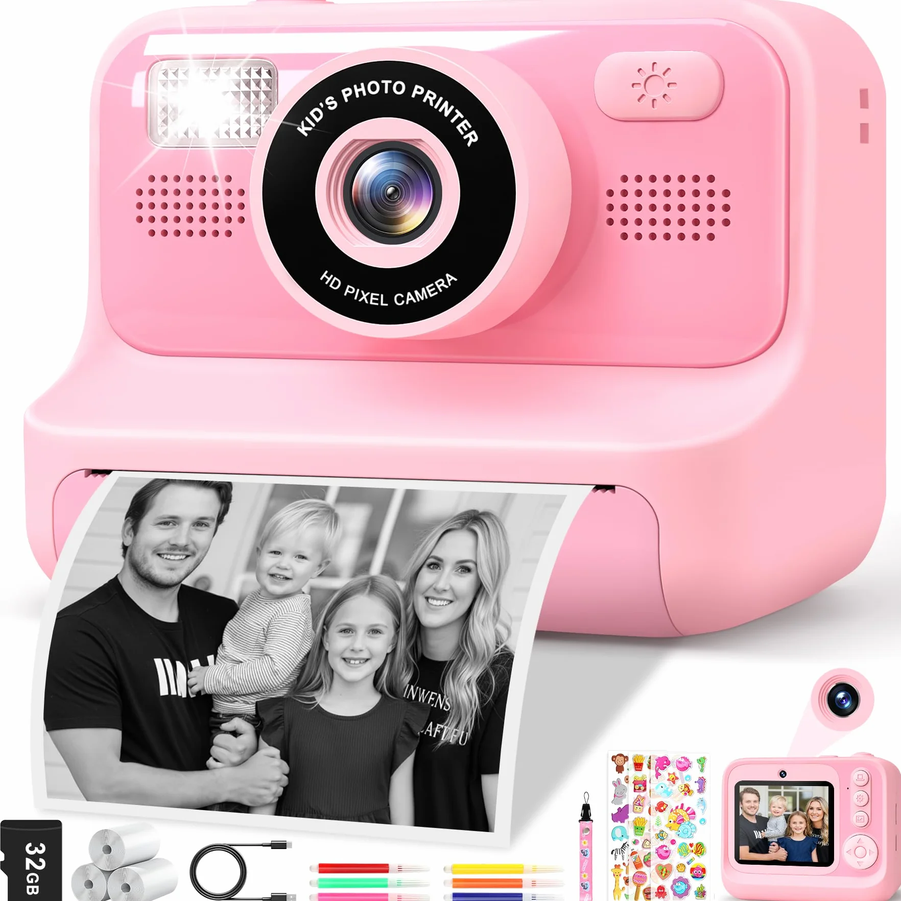 Appareil Photo Instantané Enfant 2.4 Écran Numérique avec Mode Selfie 32GB Papier d'impression Cadeau Jouet Garçons Filles 3-12 Ans Rose