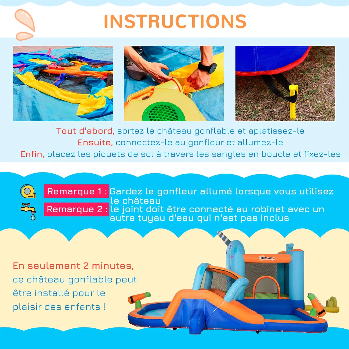 Outsunny Château Gonflable Structure Gonflable Aire de Jeux avec Pistolet à Eau Toboggan Trampoline piscines + 3-8 Ans avec gonfleur et Sac de Transport 420 x 370 x 230 cm - Multicolore