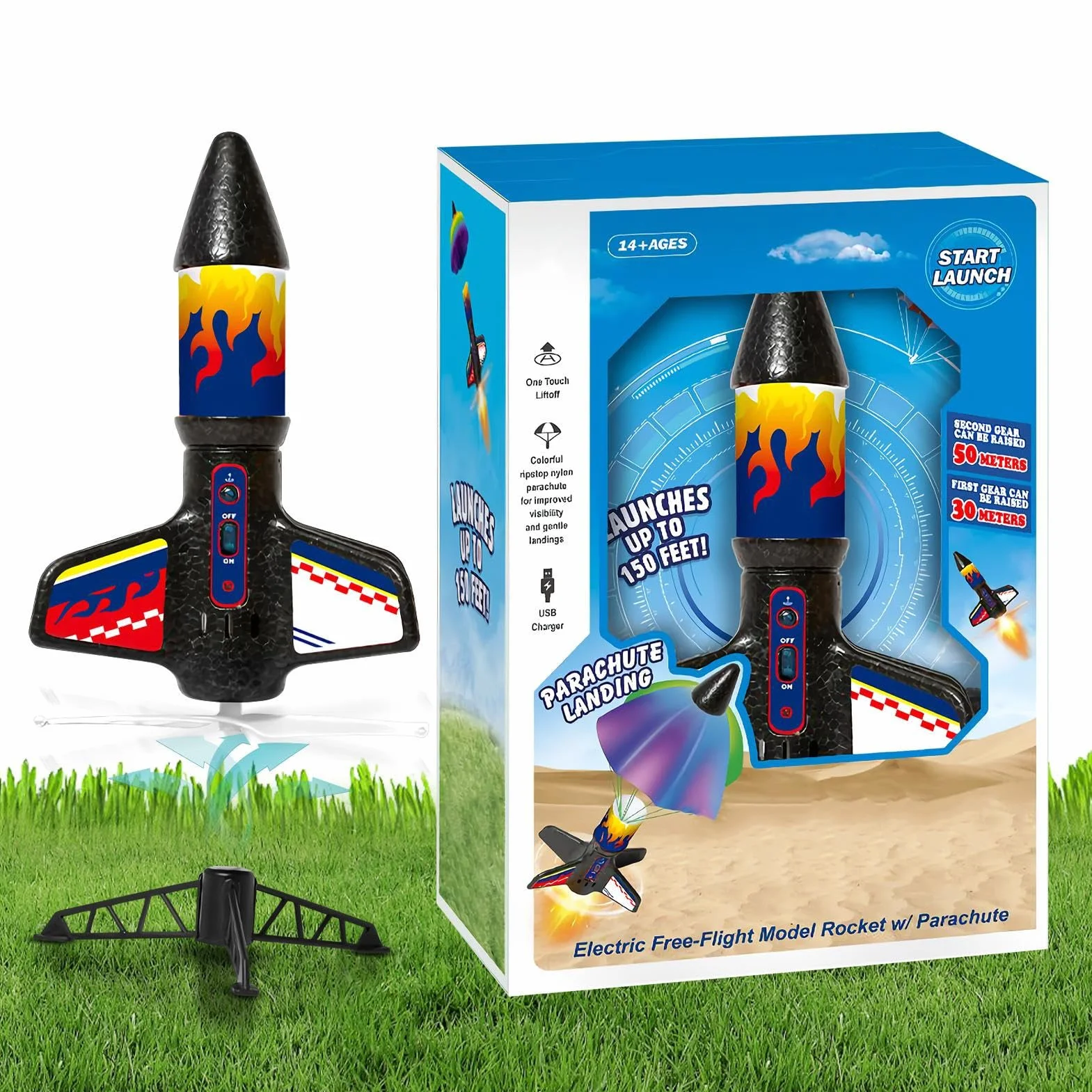 Kids Rocket Toy Launching Rocket with Parachute ABS Material LED Light Educational Science Outdoor Fun 18.3x9x24cm