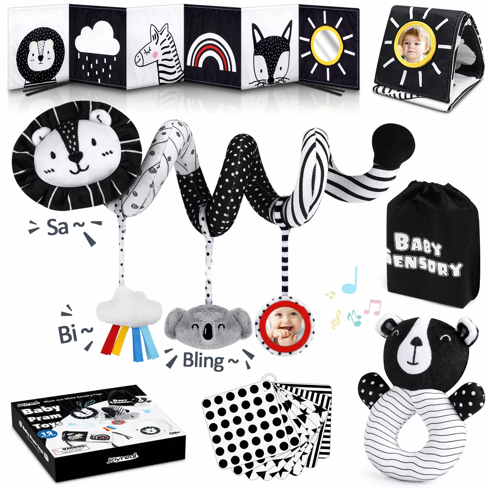 Joyreal Spirale d'Activité Bébé - Jouet Sensoriel Montessori Noir et Blanc pour Poussette Fille Garçon Cadeau Naissance