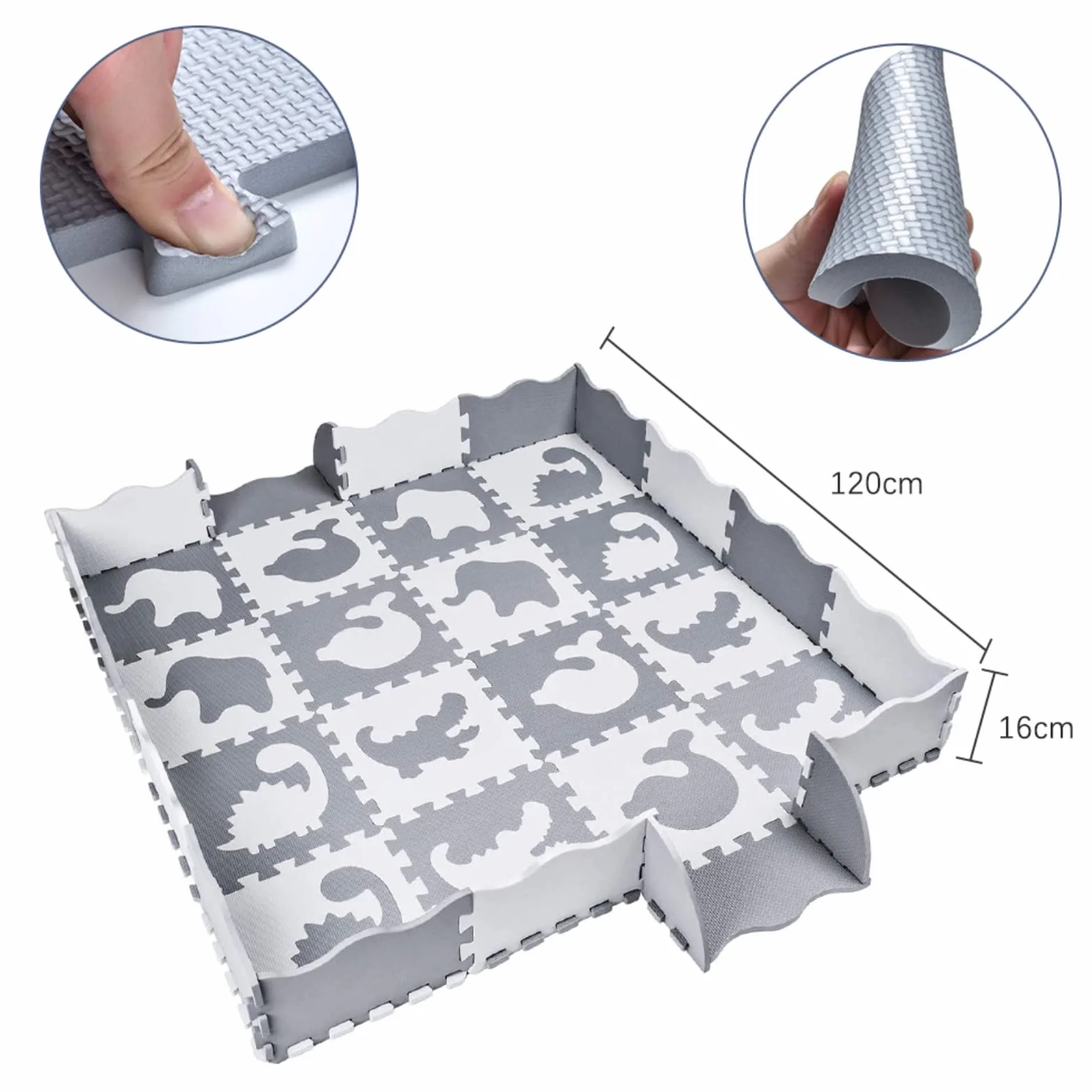 Tapis de Jeu en Mousse avec Bordure, Carreaux de Sol Emboîtables pour Enfants, 16 Pièces Blanc Gris Foncé