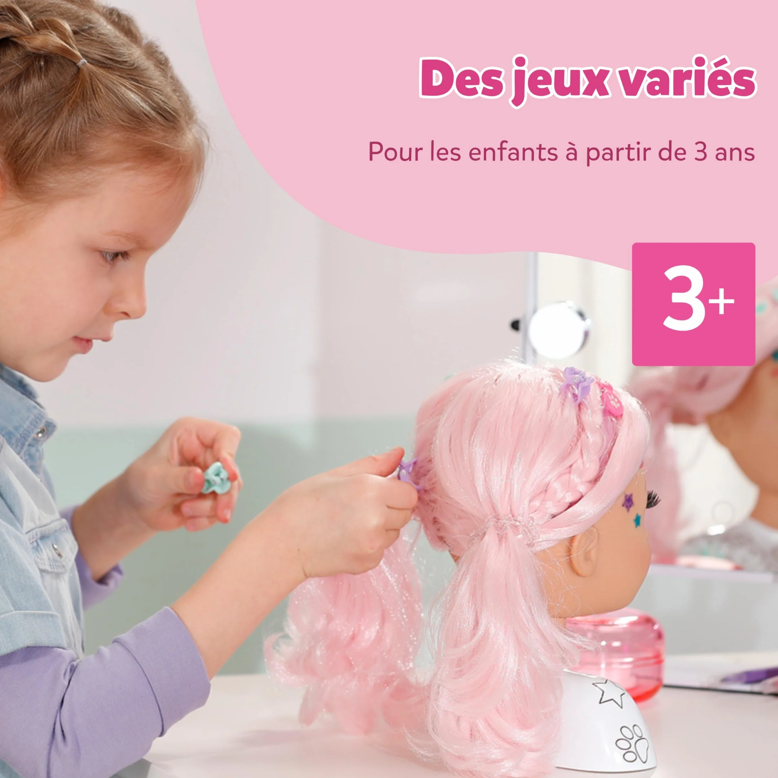 BABY born Tête de Coiffure Créative pour Enfants 3 Ans - Poupée Maquillage Cheveux Roses avec Marqueurs & Accessoires