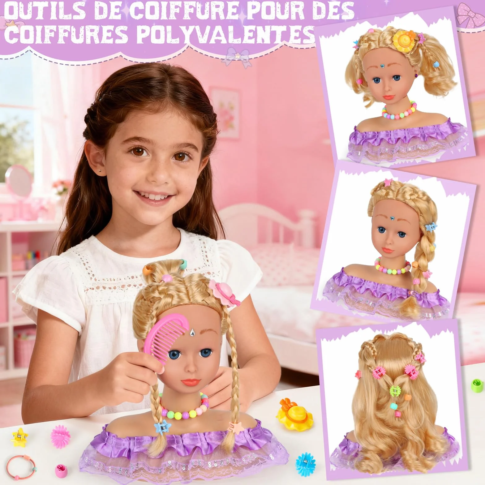 Têtes à Coiffer Enfant 66 Pièces Jouet de Maquillage et de Coiffure Cadeau Anniversaire Noël 3 Ans