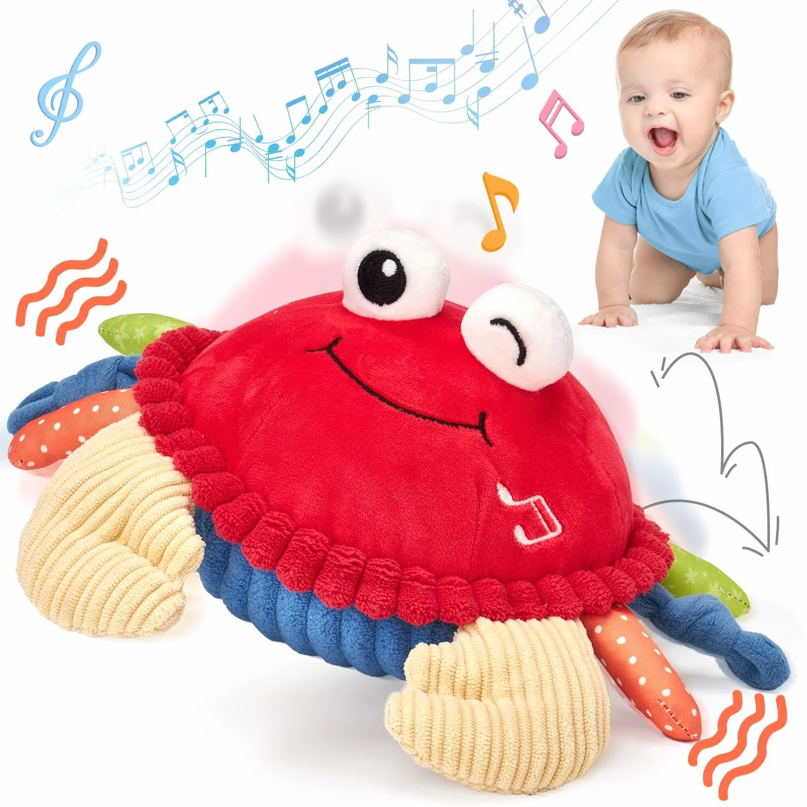 Jouet Bebe 6-12 Mois, Crabe Qui Marche avec Musique et Enregistrement, Jouets en Peluche Interactifs Tummy Time