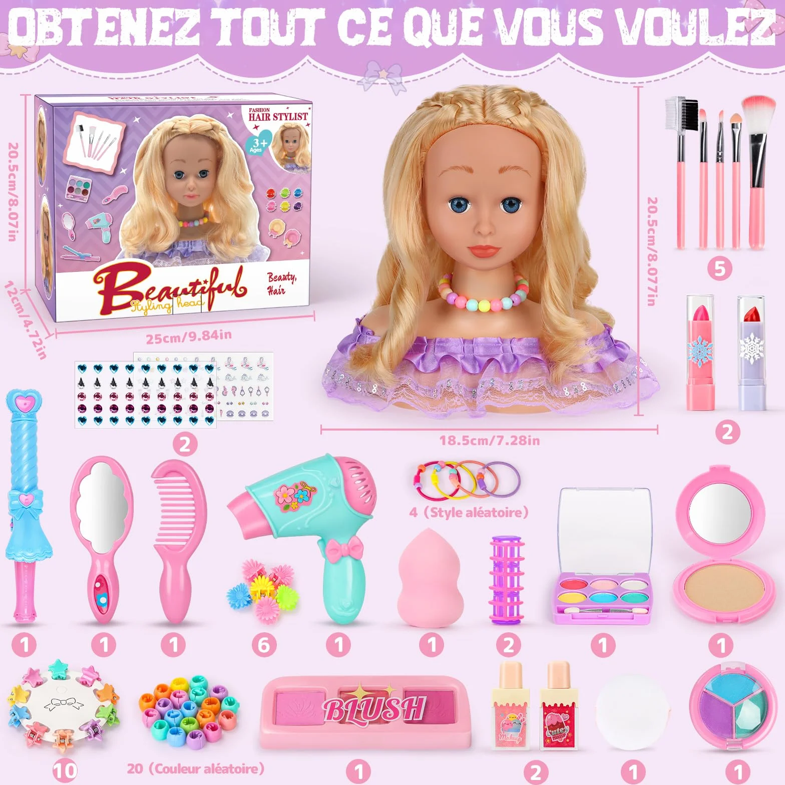 Têtes à Coiffer Enfant 66 Pièces Jouet de Maquillage et de Coiffure Cadeau Anniversaire Noël 3 Ans