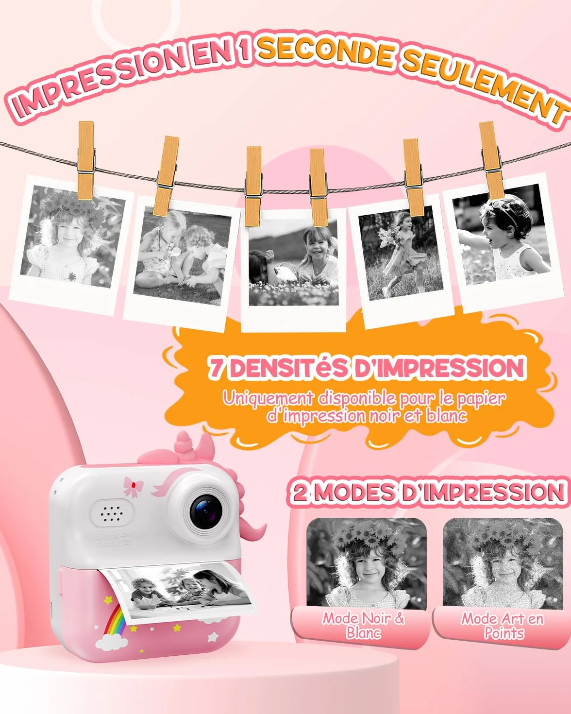 Appareil Photo Enfant 2,4" Instantané Rechargeable avec Papier d'impression 32GB Cadeau Filles Garçons 3-12 Ans