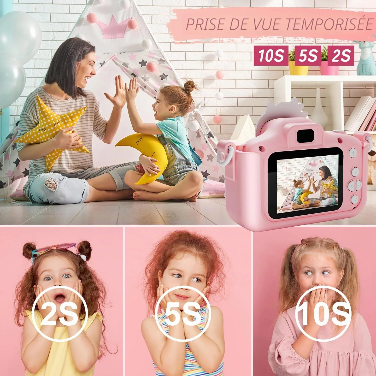 Diswoe Appareil Photo Enfant Selfie HD 32GB Carte Etui en Cuir Anti-Chute Jouet Cadeau Filles Garçons 3-12 Ans
