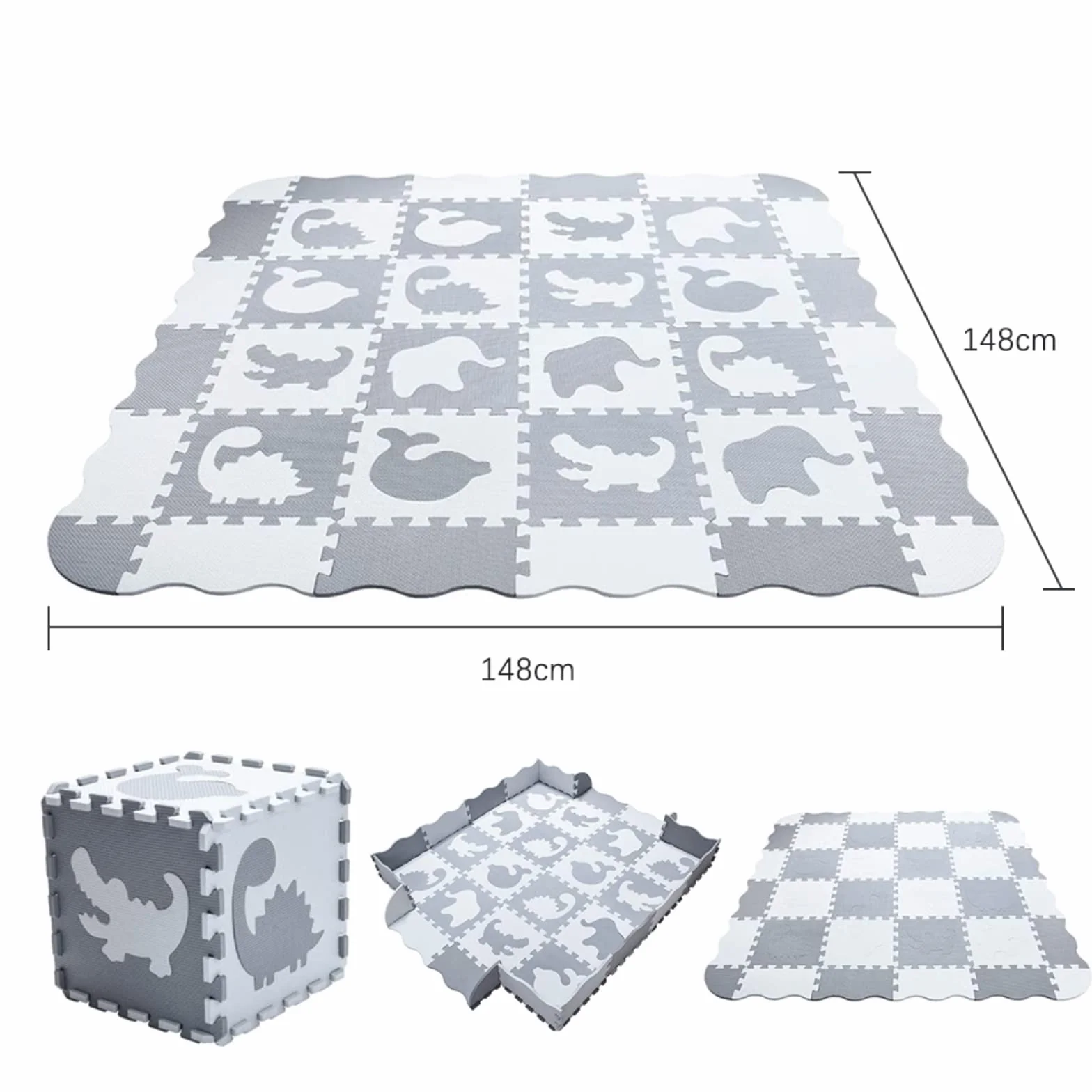 Tapis de Jeu en Mousse avec Bordure, Carreaux de Sol Emboîtables pour Enfants, 16 Pièces Blanc Gris Foncé