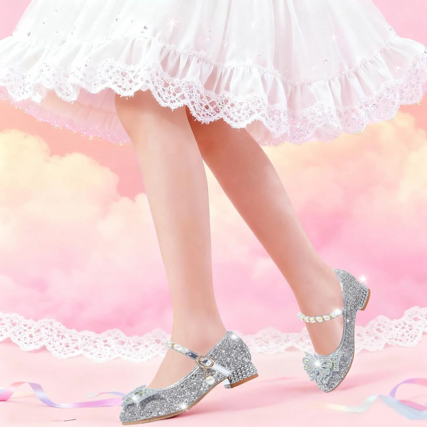 Chaussure Princesse Fille Talon Paillettes Chaussures Danse Enfant Déguisement Cosplay Mariage