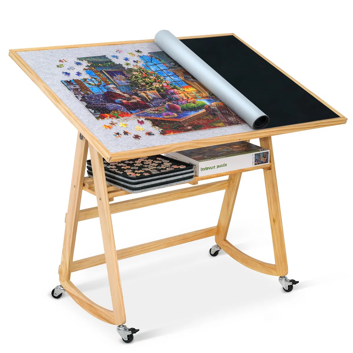 LAVIEVERT Table de puzzle de 1500 pièces avec pieds et housse, chevalet réglable en bois avec étagère de rangement, table de puzzle inclinable portable avec 4 roues roulantes pour adultes