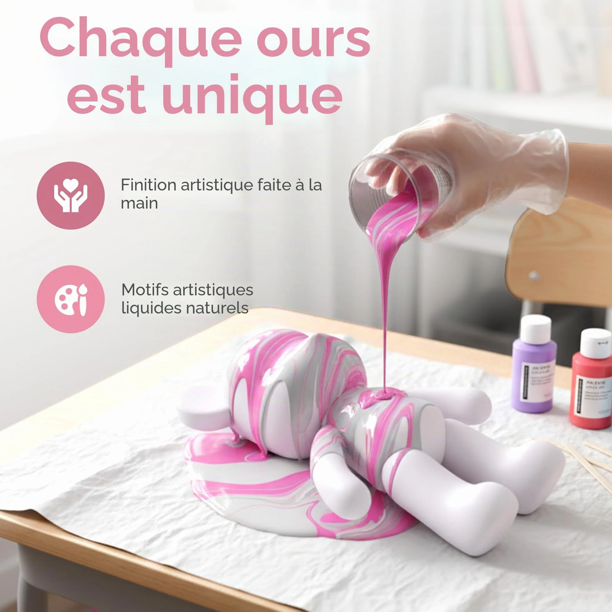 Kit DIY pour peindre un ours – Ensemble de peinture créatif pour adultes et enfants | Figurine d’ours avec 3 couleurs, pinceaux et accessoires | Cadeau décoration maison (Bleu)