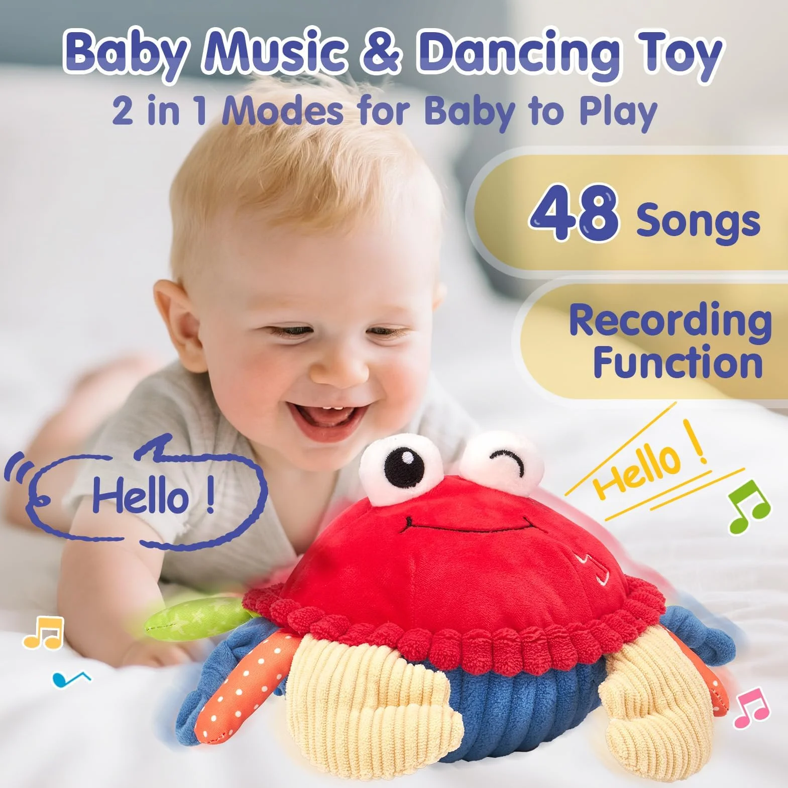 Jouet Bebe 6-12 Mois, Crabe Qui Marche avec Musique et Enregistrement, Jouets en Peluche Interactifs Tummy Time