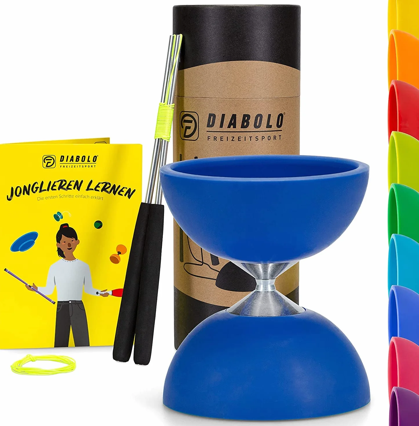 Diabolo Set de Jonglage Basic Bleu - Baguettes Aluminium avec Ficelle de Remplacement et Guide