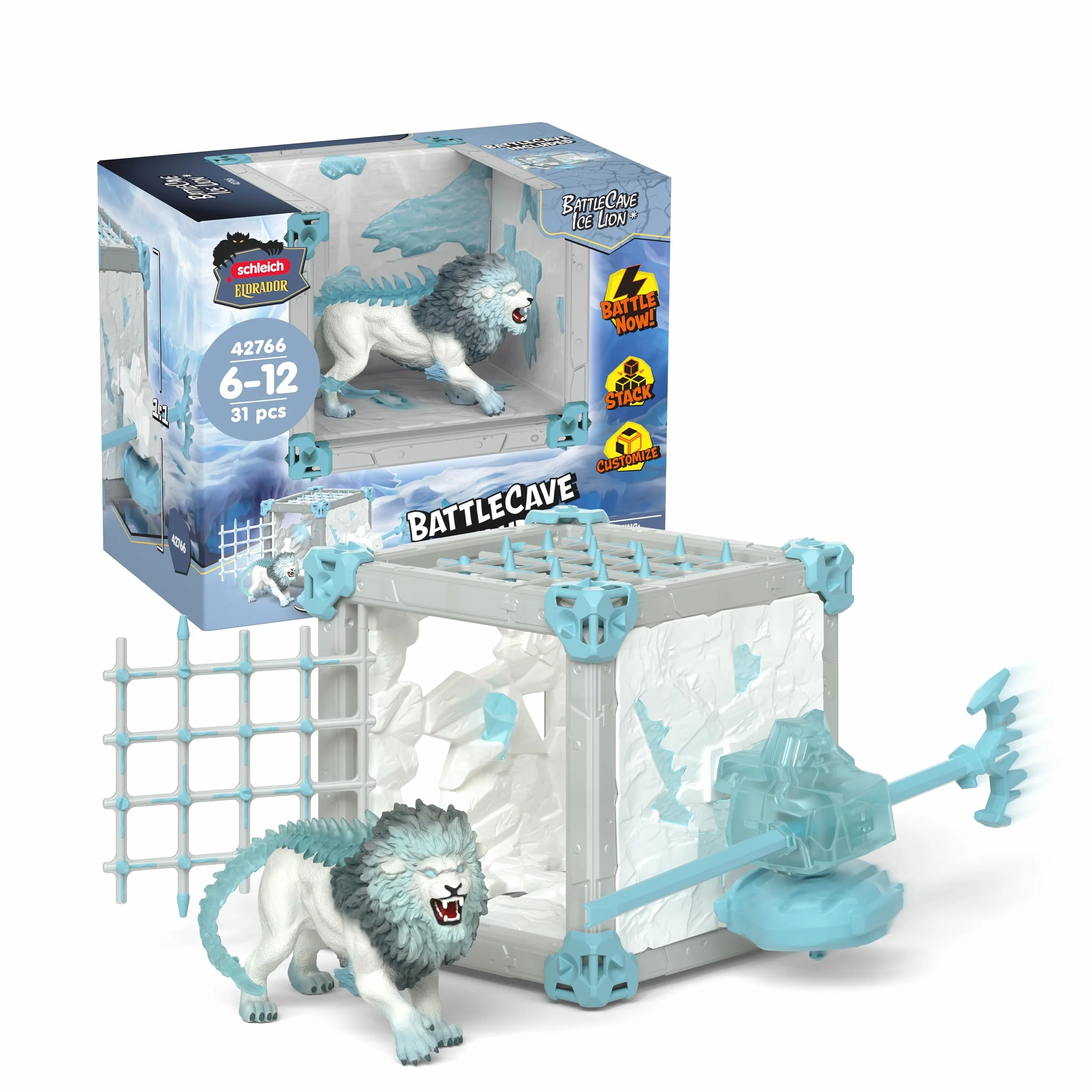 Schleich ELDRADOR Creatures Battle Cave Lion de Glace 42766 Coffret Monstre toupie Grille Cristal 31 pièces Jouet dès 7 Ans