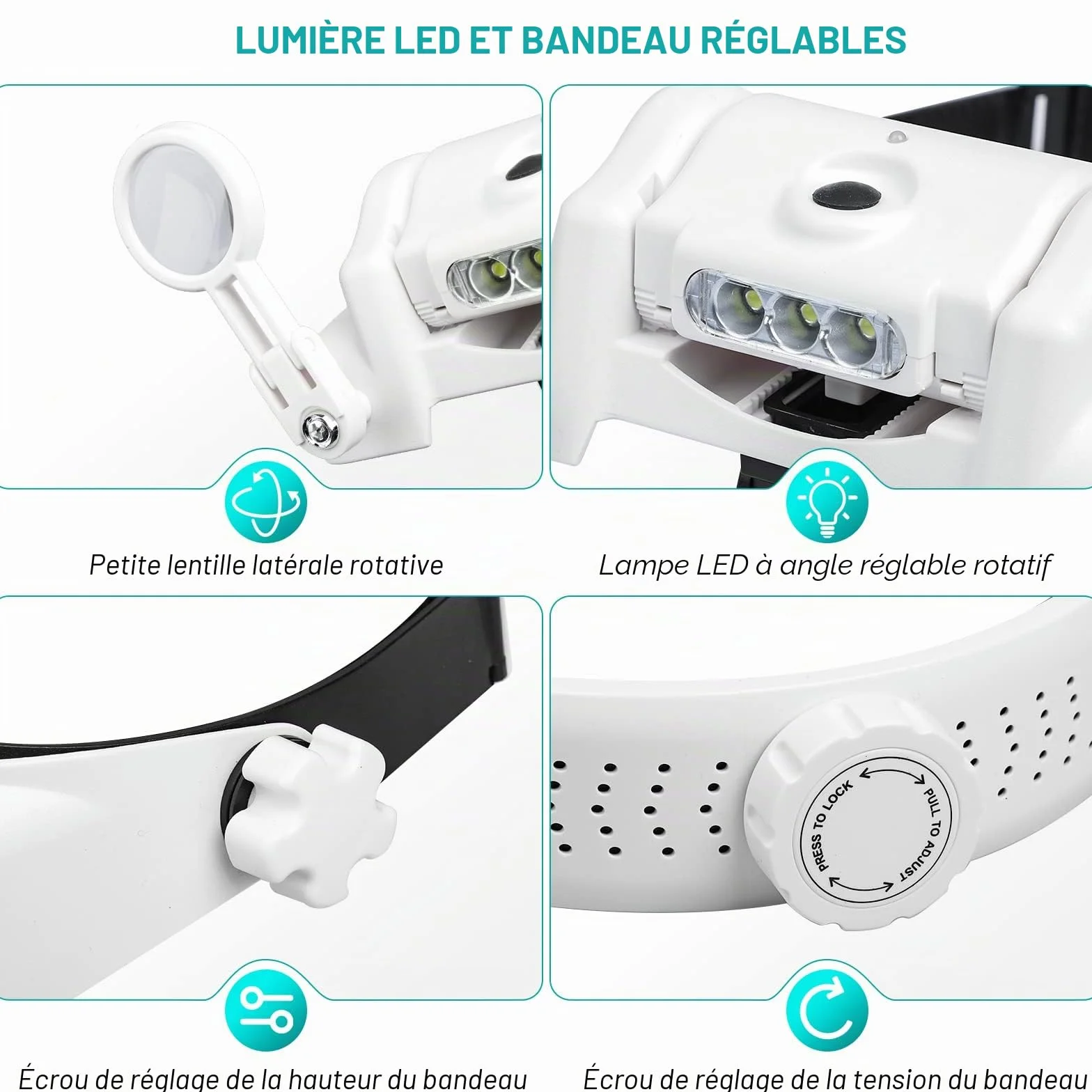 Loupe Bandeau Rechargeable avec Lumière LED 1x à 14x 6 Lentilles Détachables Mains Libres