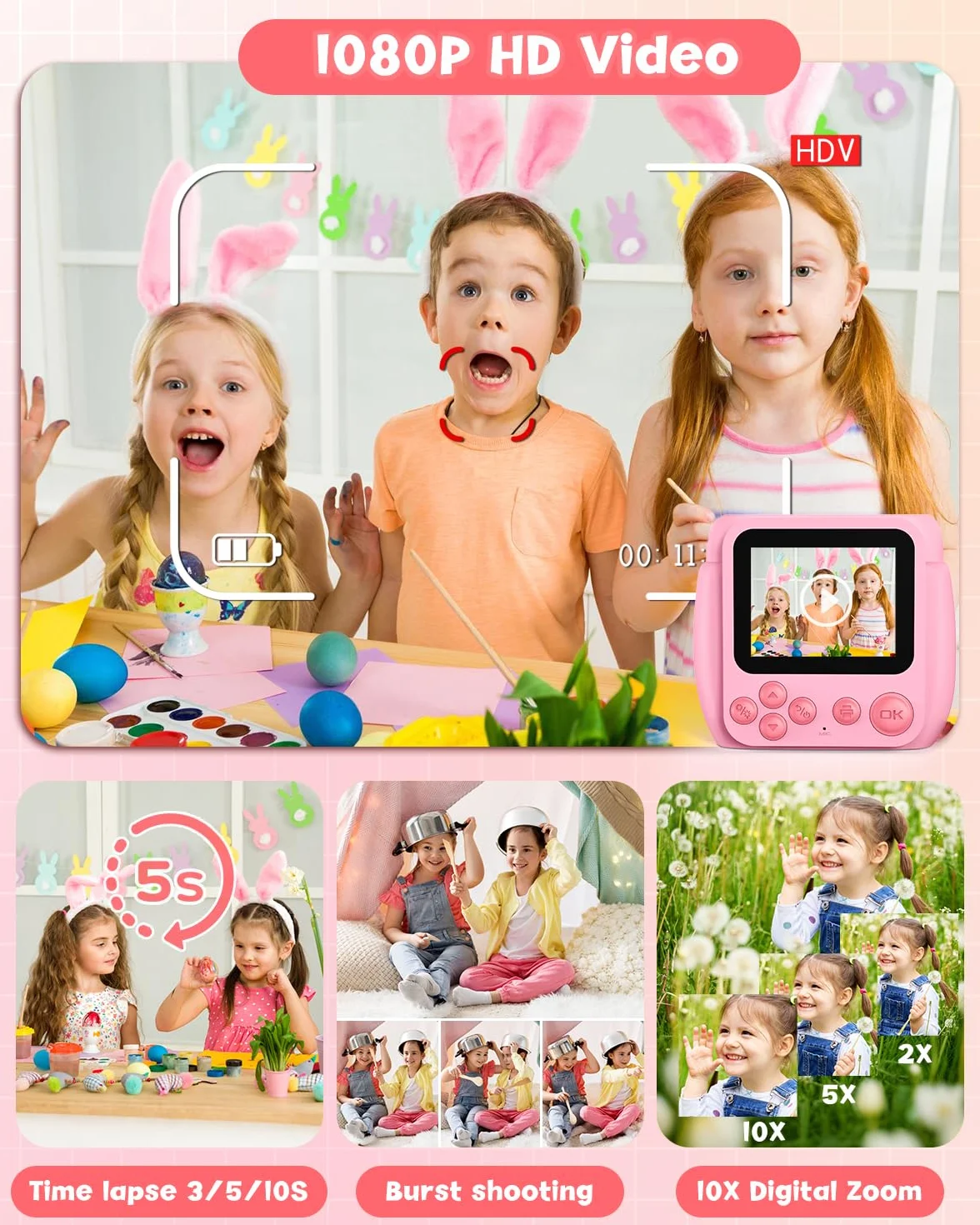 Gofunly Appareil Photo Instantané Enfant 2,4 Pouces Caméra Vidéo Numérique 1080P 32GB Carte 3 Rouleaux Papier Cadeau Noël Anniversaire Garçons Filles 3-12 Ans Rose