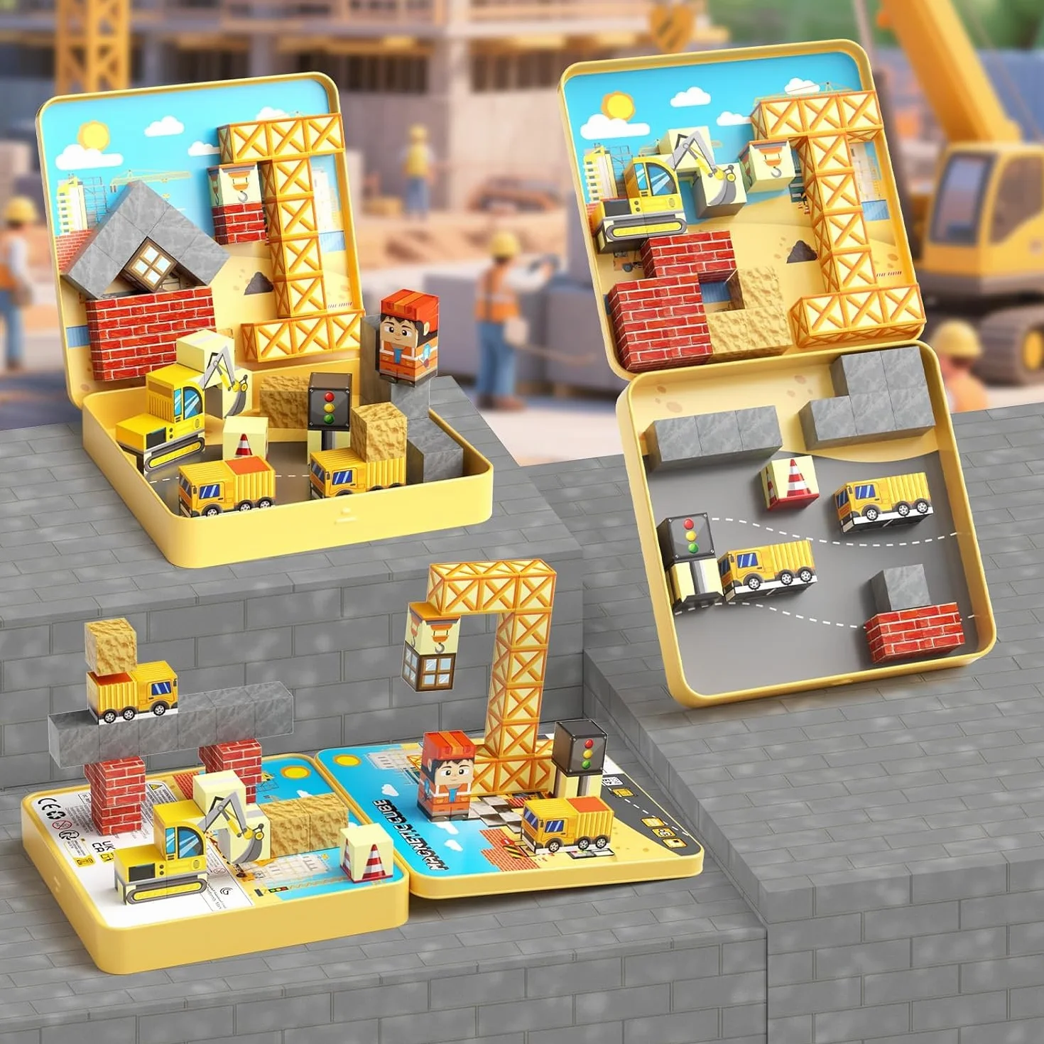 Jeu de Construction Magnétique Enfant 49 Blocs Empilables avec Boîte de Rangement Cadeau Garçons Filles 3+ Ans