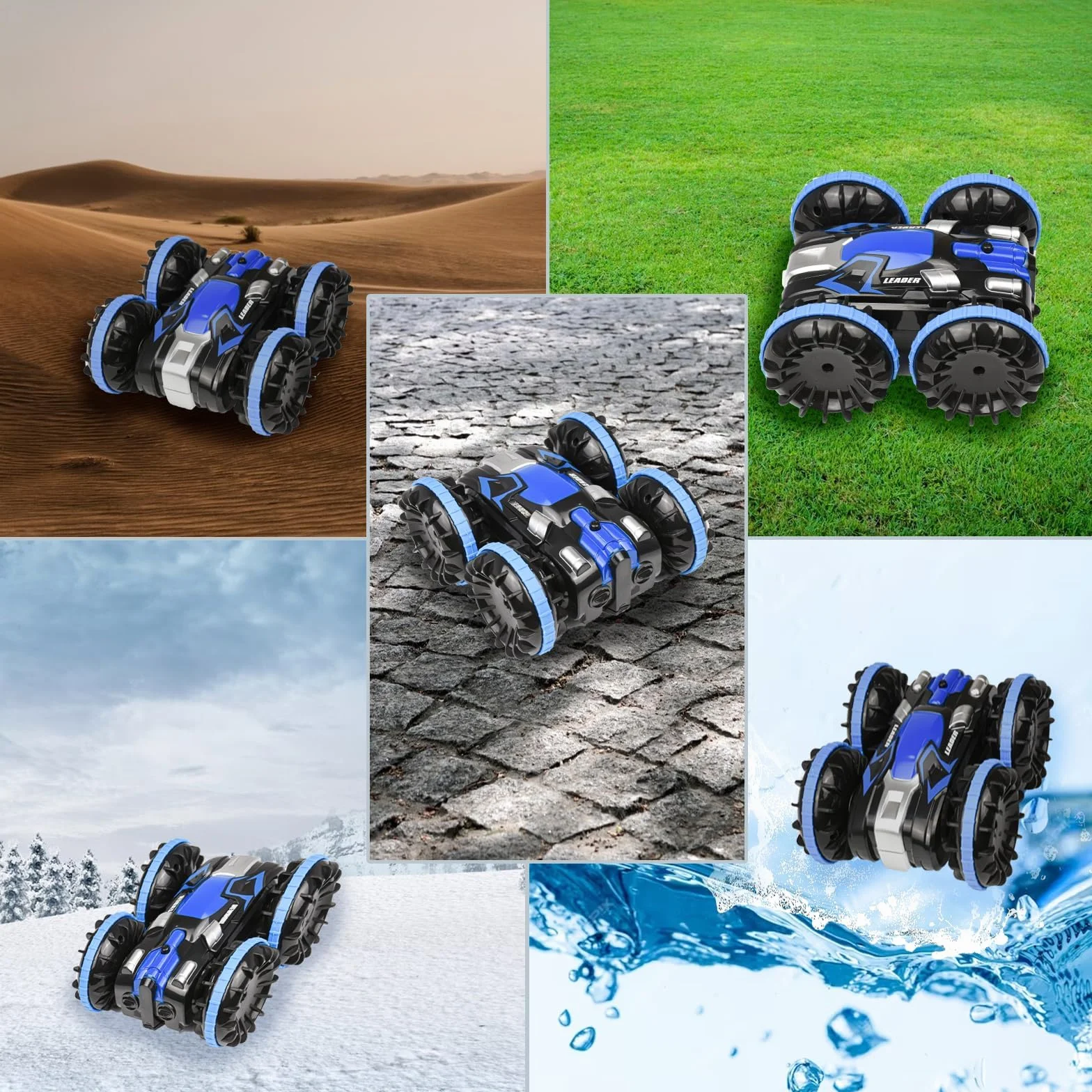 Zequech Véhicule amphibie télécommandé, Rotation à 360°, télécommande 2.4GHz, étanche, pour Enfants 6 Ans+, Bleu