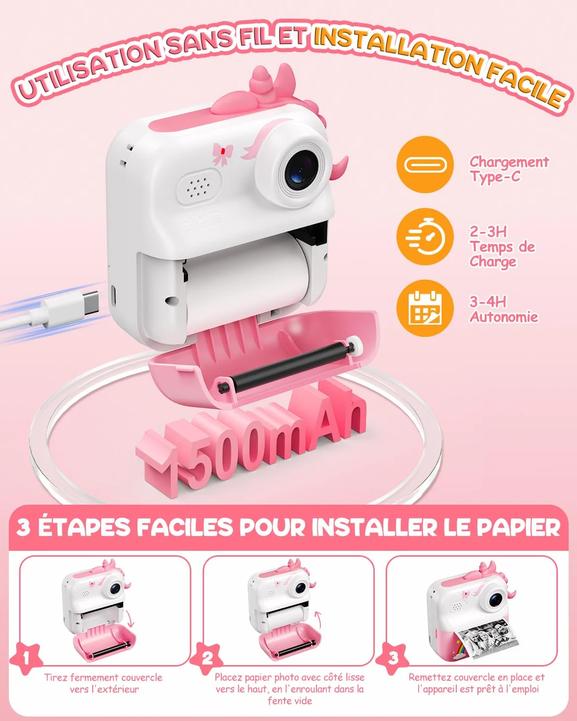 Appareil Photo Enfant 2,4" Instantané Rechargeable avec Papier d'impression 32GB Cadeau Filles Garçons 3-12 Ans