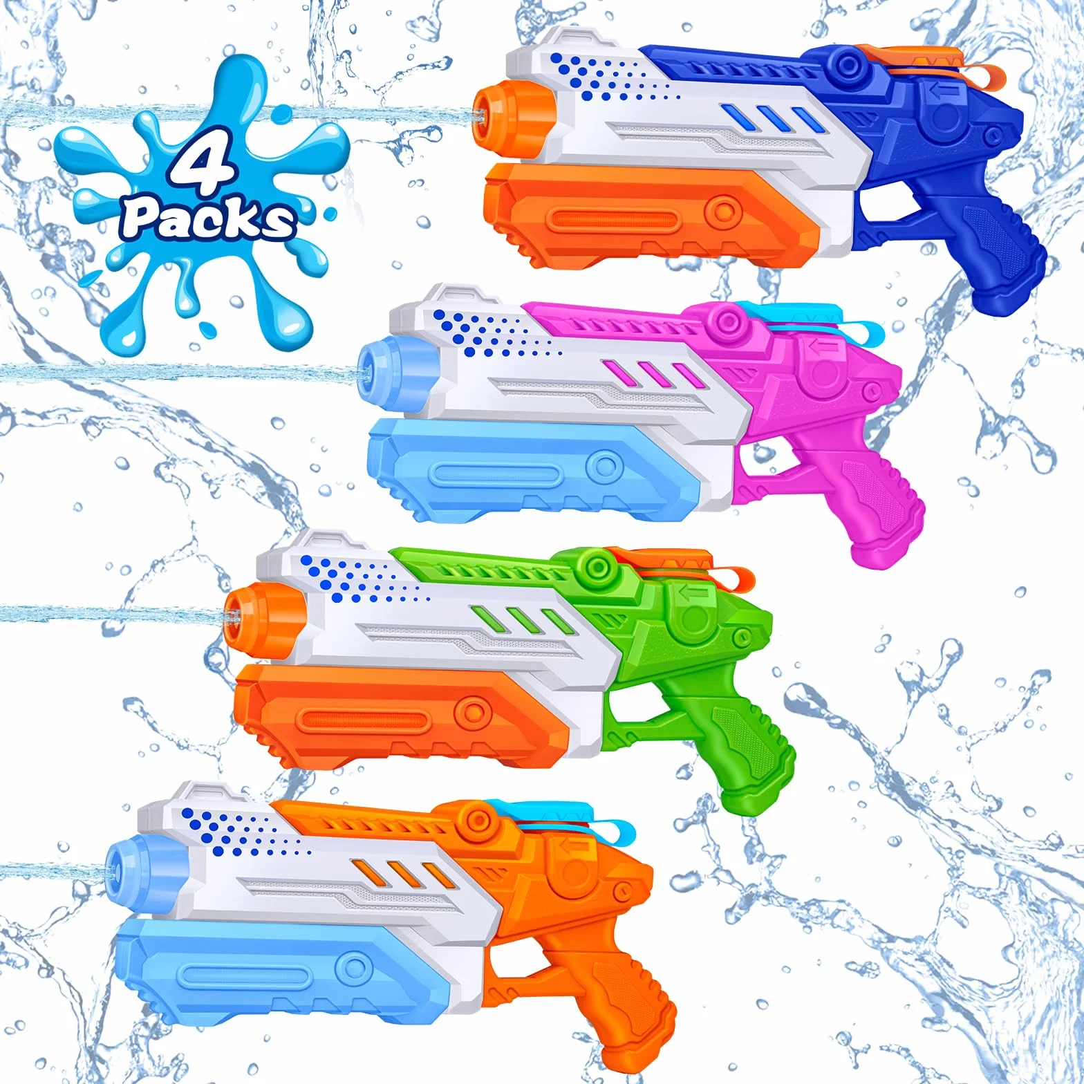 RONSTONE Lot de 4 Pistolets à Eau pour Enfants 300 ML Portée 7,5-9 Mètres