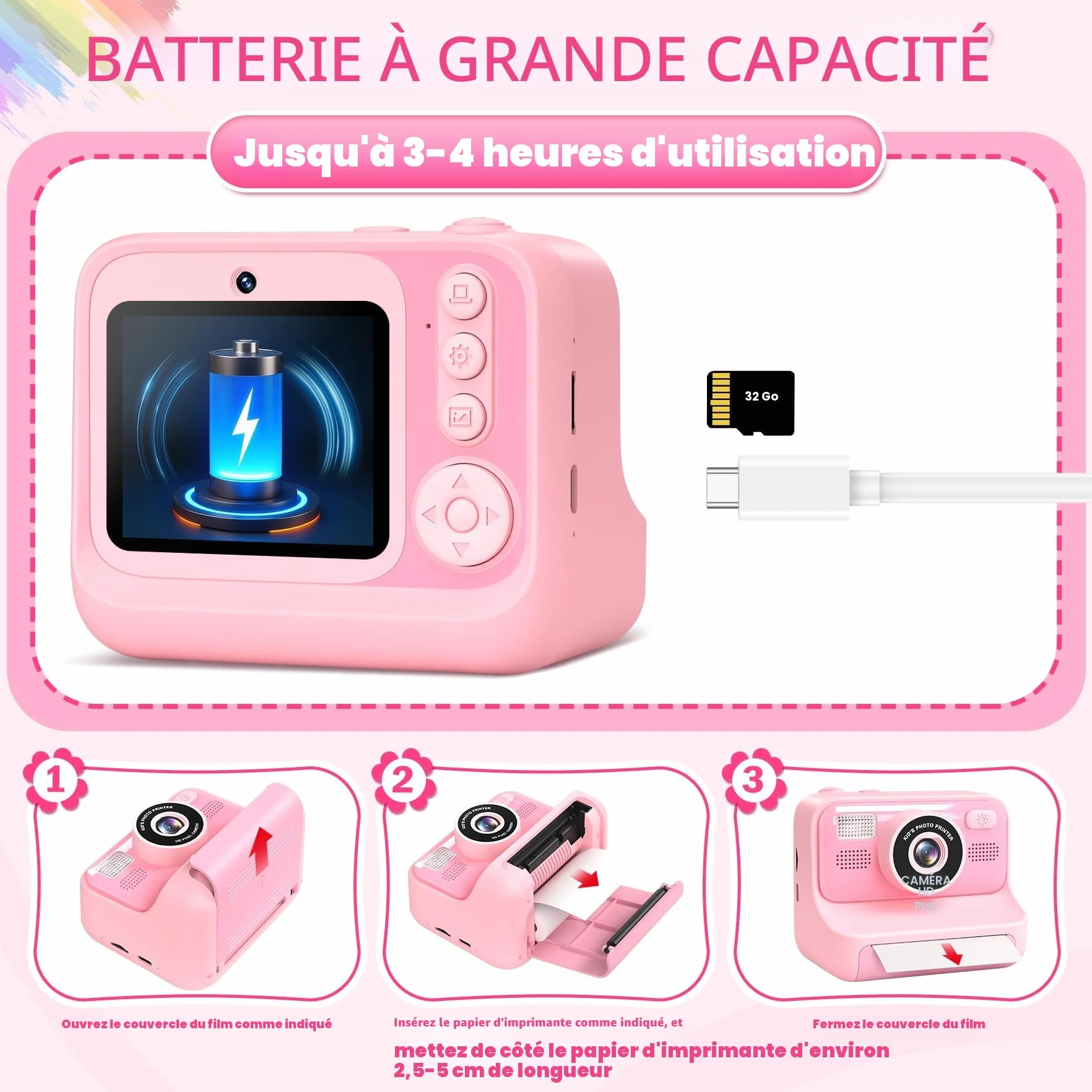 Appareil Photo Instantané Enfant 2.4 Écran Numérique avec Mode Selfie 32GB Papier d'impression Cadeau Jouet Garçons Filles 3-12 Ans Rose