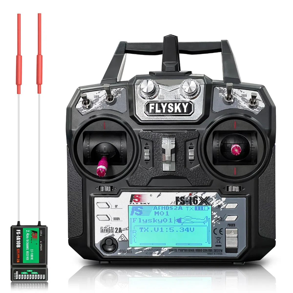 HAWK'S WORK Flysky Émetteur FS-i6X 10 Canaux avec Récepteur FS-iA10B, Contrôleur RC 2,4 GHz pour Voitures, Bateaux, Avions, Hélicoptères, Drones, Robots et Véhicules de Chantier RC (Mode 2)