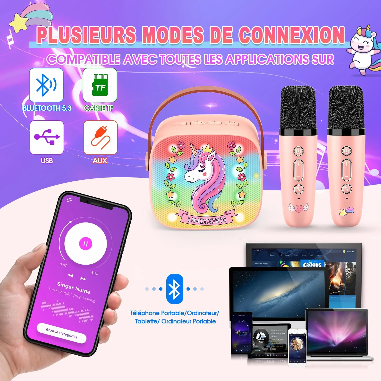 Micro Karaoke Enfant avec 2 Micros sans Fil Bluetooth, Cadeau Fille 3-12 Ans, Jouet Licorne